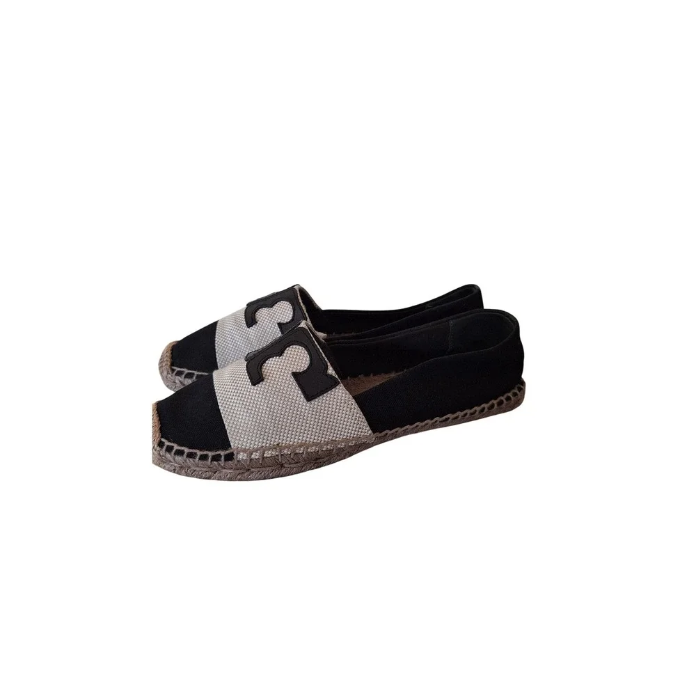 Tory Burch Ines Espadrilles Black Cream Leather Logo Canvas Flats Slip On